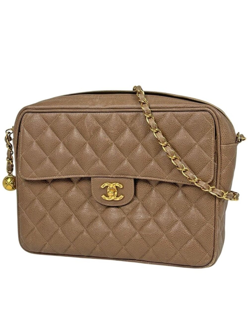 Chanel CC Logo Chain Shoulder Bag Quilted Leather Brown